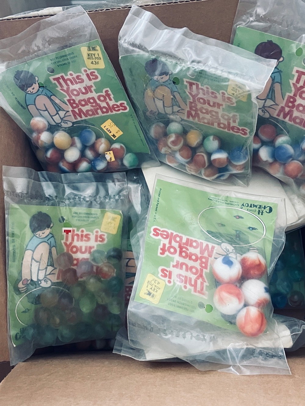 1973 Vintage 18 unopened Marble Bags — Multicolor Kids Marbles